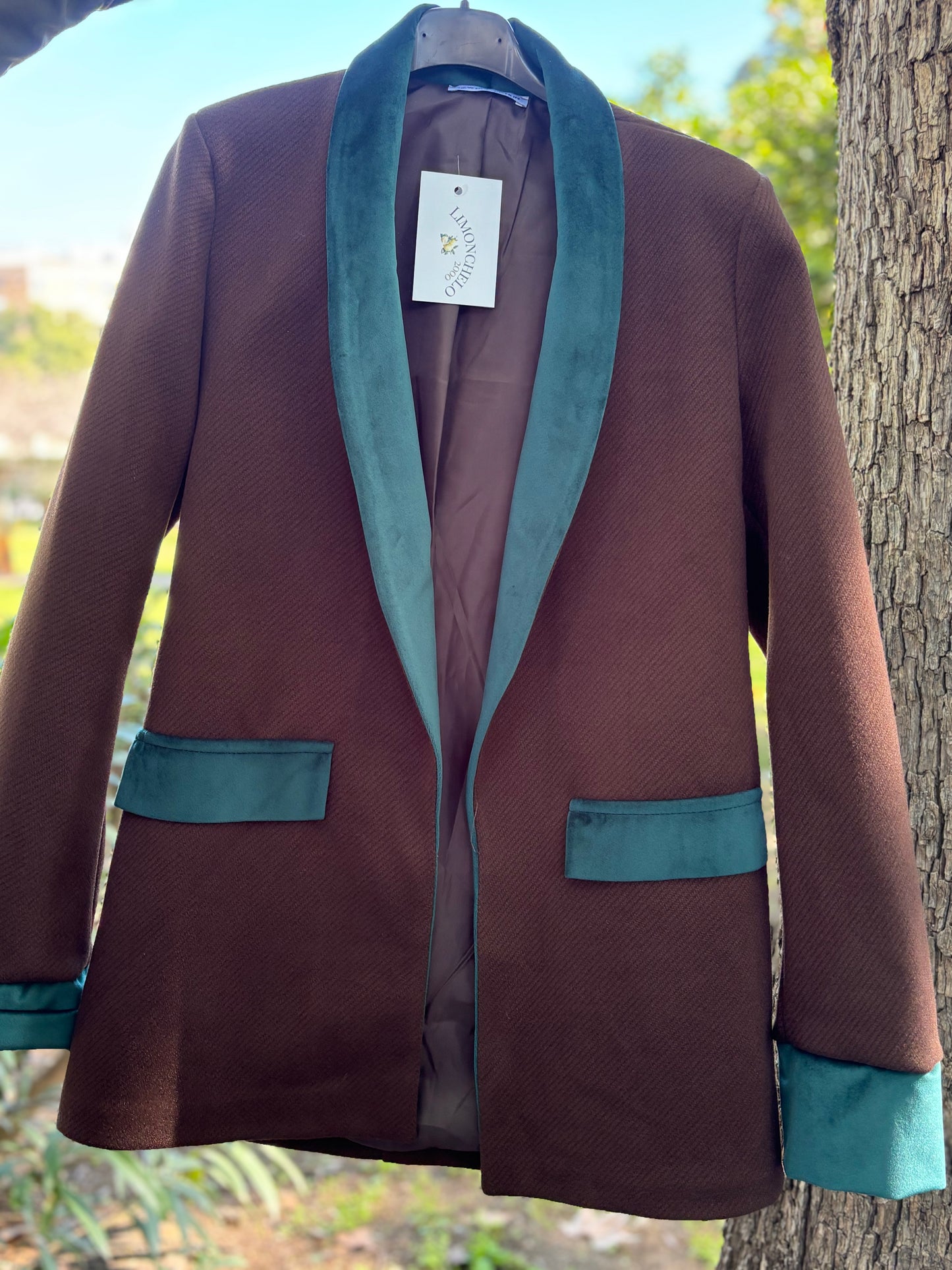 CHAQUETA PAÑO MARRÓN DETALLES TERCIOPELO VERDE