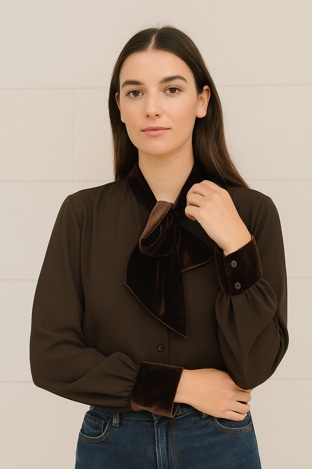 BLUSA LAZO TERCIOPELO MARRÓN